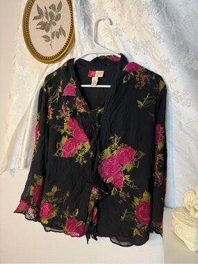 Women's Black Floral Ruffle Blouse with Pink Roses